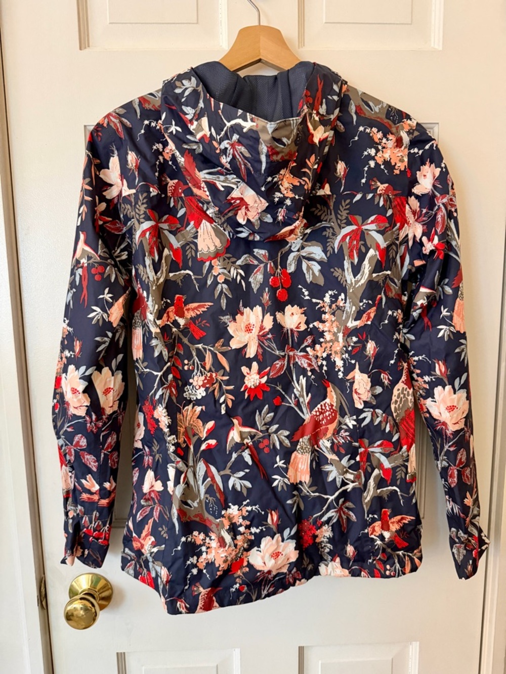 Columbia Women's Navy Floral Hooded Raincoat with Red & Pink Bird Accents - Picture 2 of 4